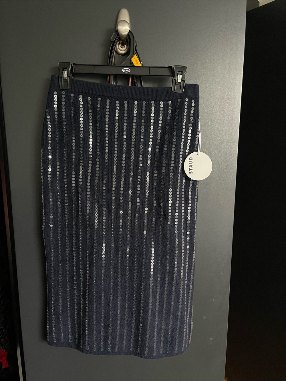 STAUD Navy Sequin Midi Pencil Skirt
